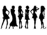 Six slim attractive women black silhouettes, hand drawing vector artwork