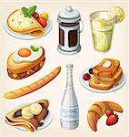 Set of traditional french breakfast elements and dishes. Vector