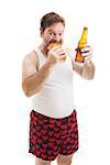 Scruffy, overweight middle aged man in his underwear, eating a submarine sandwich and drinking a beer.  Isolated on white.