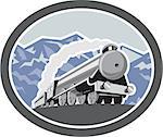 Illustration of a steam train locomotive traveling with mountains in background viewed from front set inside oval shape done in retro style.