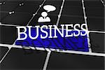 The word business and businessman and speech bubble against black keyboard with blue key