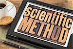 scientific method - science concept  text in vintage letterpress in wood type on a digital tablet