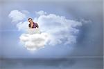 Thinking man sitting on cloud  using laptop and smiling against clouds in a room