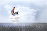 Man wearing glasses sitting on cloud using laptop and looking at camera against clouds in a room