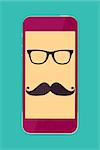 stylish touch screen mobile phone with hipster glasses and moustache