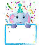 Adorable Baby Elephant Wearing A Party Hat, Looking Over A Blank Starry Sign With Colorful Confetti