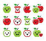 Vector icons set of apples wtih different expressions - happy, sad, angry isolated on white