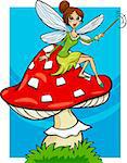 Cartoon Illustration of Cute Elf Fairy Fantasy Character on Toadstool Mushroom