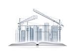 On the pages of an open book is wire frame tower crane and skyscrapers. White background