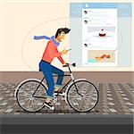 Handsome guy is riding a bike and checking his account in twitter (used clipping mask for street)