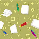 School notes seamless pattern on khaki background. Tools for drawing. Cartoon color background.