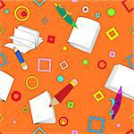 School notes seamless pattern on orange background. Tools for drawing. Cartoon color background.