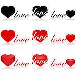 Icon set showing different arrangements and styles for the word 'love' and a heart