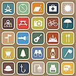 Camping flat icons on brown background, stock vector