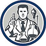 Illustration of scientist laboratory researcher chemist holding test tube with flasks facing front set inside circle on isolated background done in retro style.