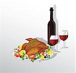 Tasty crispy roast turkey or hen and vegetables, and wine