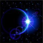 Space background. Dark planet with blue radiance and bright flare among stars and other planets