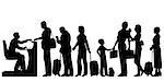 Editable vector silhouettes of a queue of people at an immigration desk with all figures and luggage as separate objects