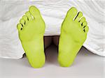 Body under a white sheet, suicide, sleeping, murder or natural death, yellow feet