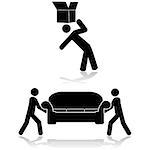 Icon set showing a couple of people moving a sofa and another moving a box