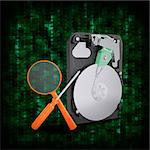Abstract background. HDD with magnifying glass and screwdriver. Electronic concept