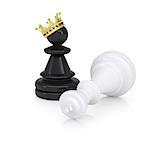 White defeated chess king is near black pawns with gold crown. Isolated on background