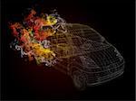 Wire frame car in the colored smoke. Dark background