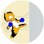 Vector cartoon cute young tiger of martial arts beats a wall, the kick in the fight