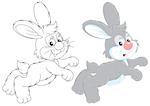 Grey rabbit hopping, color and black-and-white outline illustrations on a white background
