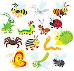 Collections of insects on a white background with fly, butterfly, dragonfly, snail, worm, potato beetle, spider, ladybug, ant, caterpillar, grasshopper, bee, wasp and mosquito