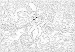 Rabbit walking through a forest and carrying his basket with mushrooms, black and white outline illustration for a coloring book