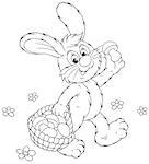 Rabbit walking and carrying his basket with mushrooms, black and white outline illustration for a coloring book
