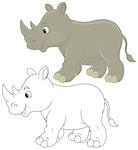 Grey rhinoceros walking, color and black-and-white illustrations on a white background