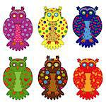 Set of six stylized owls painted by various floral and geometric ornaments, hand drawing cartoon vector illustration