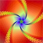 A digital abstract fractal image with a spiral whirligig design in red, orange, green, blue, yellow and violet.