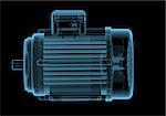 Electric motor with internals x-ray blue transparent isolated on black