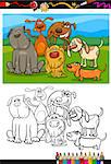 Coloring Book or Page Cartoon Illustration of Color and Black and White Dogs Group for Children