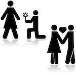 Icon illustration showing a man kneeling with a flower in front of a woman and then the couple holding hands