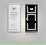 Black and white doors with golden doorplate and handle. Two vector illustrations on white.