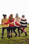 Rear view of four teenage girls sitting on gate