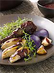 Guinea-fowl with red wine and purple mustard sauce ,potatoes