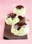 Pistachio rice pudding with chocolate sauce