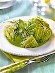 Cabbage leaves stuffed with whiting and sorrel,green parsley sauce