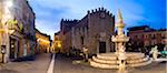 Piazza del Duomo at night, with the Church of San Nicola (Fortress Cathedral) and famous fountain, Taormina, Sicily, Italy, Europe