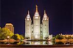 The Salt Lake Temple at night, operated by The Church of Jesus Christ of Latter-day Saints, Salt Lake City, Utah, United States of America, North America