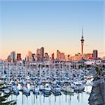 Westhaven Marina and city skyline illuminated at sunset, Waitemata Harbour, Auckland, North Island, New Zealand, Pacific