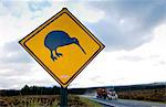 Freight transport truck passes road traffic sign - look out for kiwis, North Island, New Zealand