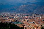 Cuzco, the ancient capital of the Inca Empire, Peru, South America viewed from above showing the Plaze de Armas and the inscription on the mountainside.