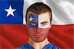 Composite image of serious young chile fan with facepaint against digitally generated chile national flag
