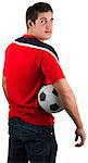 Football fan in red jersey holding ball on white background